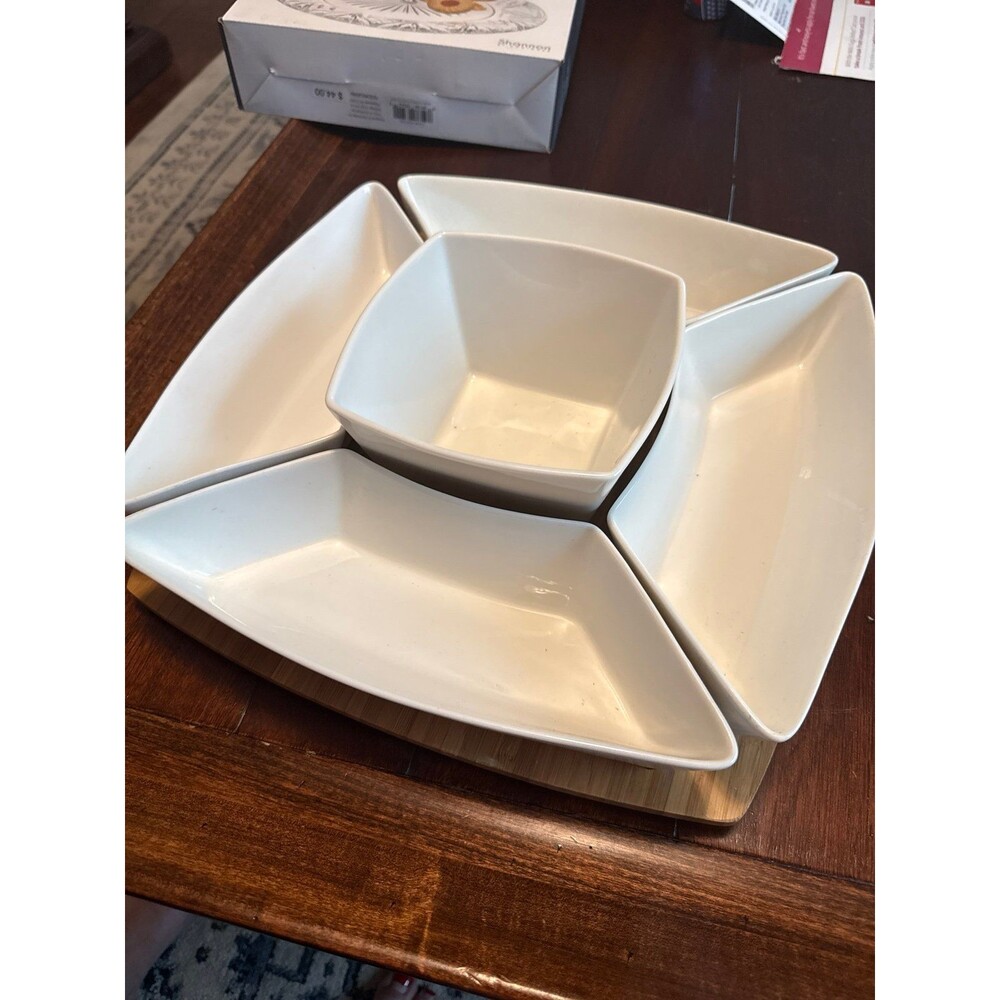 5-Piece White Ceramic & Bamboo Lazy Susan Serving Set